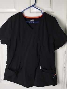 Happy Scrubs Women's Black V-Neck Medical Top with Orange Trim. XL